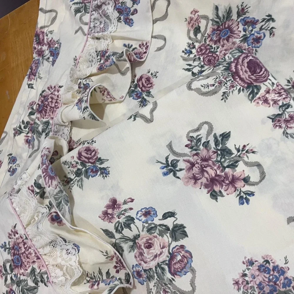 Handmade Floral Rose Ribbon Ruffle Lace Curtain Panels Cream Purple 39x86 Set‎ 2